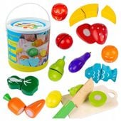 KLOCKI DREWNIANE NA RZEPY OWOCE WARZYWA DO KROJENIA DUŻY ZESTAW MONTESSORI