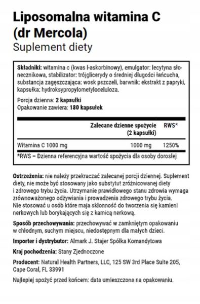 Dr Mercola Liposomalna Witamina C (180kaps) zdjęcie 4
