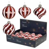 Czerwono-białe bombki choinkowe szklane kształtki 12 szt 8 cm zdobione
