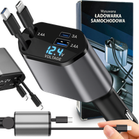 ŁADOWARKA SAMOCHODOWA 4w1 WYSUWANA OBROTOWA DO ZAPALNICZKI 2 X USB-C KABEL