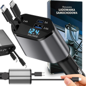 ŁADOWARKA SAMOCHODOWA 4w1 WYSUWANA OBROTOWA DO ZAPALNICZKI 2 X USB-C KABEL