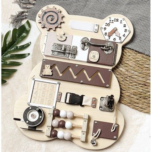 Tablica Manipulacyjna Sensoryczna 14w1 Edukacyjna Drewniana Miś dla Dzieci na Arena.pl