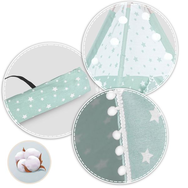 Namiot tipi dla dzieci ze światełkami - miętowe w gwiazdki zdjęcie 5