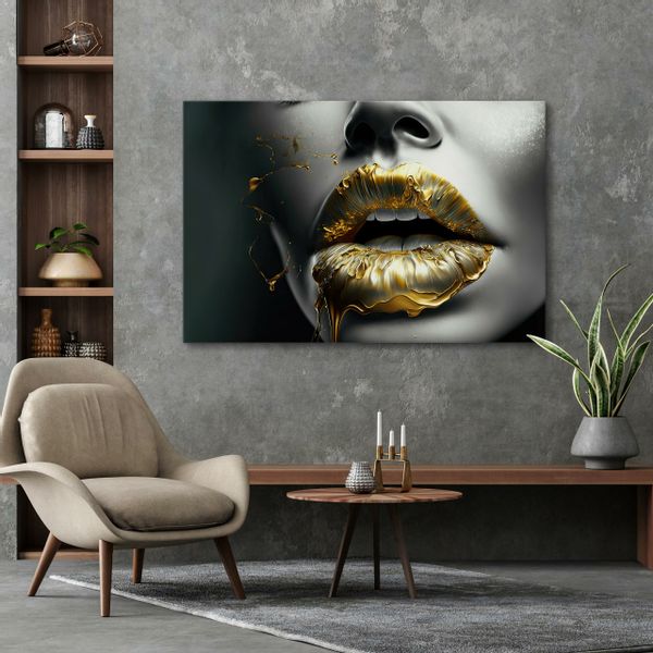 Obraz Na Płótnie ABSTRAKCYJNE Złote Usta Twarz Kobiety Efekt 3D 120cm x 80cm zdjęcie 6