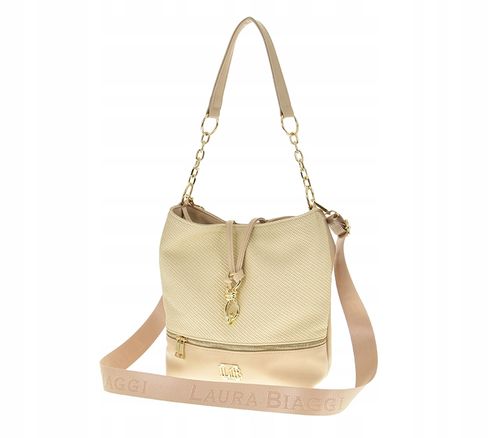 Laura Biaggi torebka worek karabińczyk kokarda beżowy struktura płótna A533 na Arena.pl