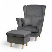 Ciemny Szary Fotel Uszak + Podnóżek ze schowkiem + Poduszka