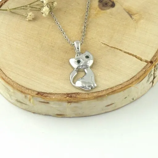 Naszyjnik Srebrny 925 Łańcuszek i Wisiorek Kotek Kot z Zielonymi Oczami zdjęcie 3