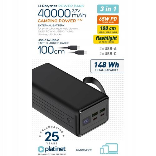 POWER BANK szybki 2x USB 2x USB-C 40000mAh PD QC 3.0 65W + kabel Latarka na Arena.pl