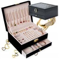 SZKATUŁKA NA BIŻUTERIE Z SZUFLADKĄ POJEMNY CZARNY DWA POZIOMY