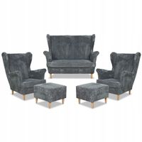 Zestaw wypoczynkowy uszak Bonito sofa fotele pufy  szary sztruk