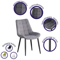 MALMO KRZESŁO TAPICEROWANE CIEMNY SZARY WELUR PIKOWANE