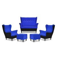Zestaw wypoczynkowy ARI DUO sofa fotele pufy  czarno - niebiesk