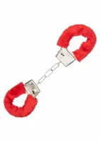 playful furry cuffs kajdanki z futerkiem, regulowane, metalowe, czarne