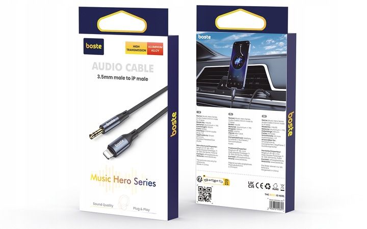 BOSTE KABEL ADAPTER PRZEJŚCIÓWKA AUDIO LIGHTNING DO IPHONE MINI-JACK AUX 1M zdjęcie 2