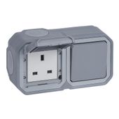 Nowe Plexo - Gniazdo standard brytyjski 2P+Z + łącznik schodowy, komplet natynkowy 16A- 250V~ - szare - Legrand 069750L