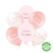 Balony lateksowe Wieczór Panieński rose gold z konfetti, 6 szt.