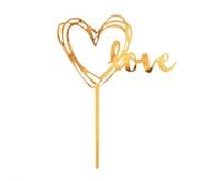 Topper akrylowy złoty serce Love na tort, 13 x 10 cm