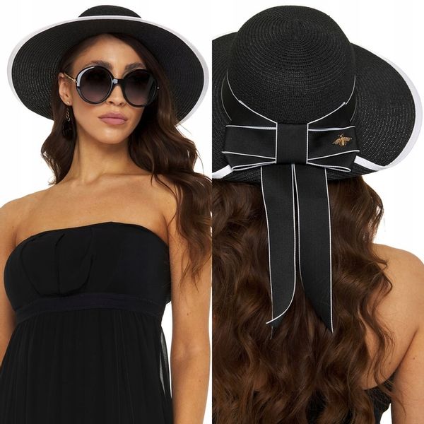 KAPELUSZ CZARNY SŁOMIANY SŁOMKOWY na lato EKO SŁOMKA z kokardą elegancki zdjęcie 1