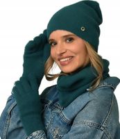 Butelkowa zieleń Damski Komplet Czapka Szalik komin rękawice ZESTAW Zimowy