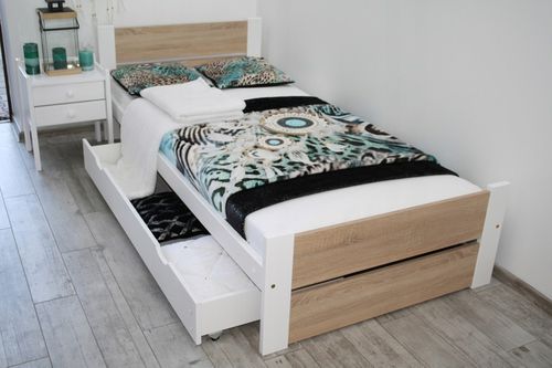 Łóżko pojedyncze drewniane LEA 90x200 białe Dąb Sonoma stelaż na Arena.pl