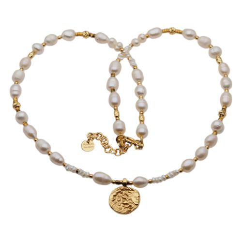 Naszyjnik - Białe Perły hodowane, hematyt, zawieszka słońce i srebro złocone na Arena.pl