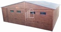 GARAŻ BLASZANY 7m x 6m poziom - dwuspad - 2x Brama + drzwi + 4x okno - drewnopodobny 7x6