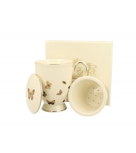 KUBEK Z ZAPARZACZEM POKRYWKĄ PORCELANOWY DUO ECRU MOTYLKI 400 ML PREZENT na Arena.pl
