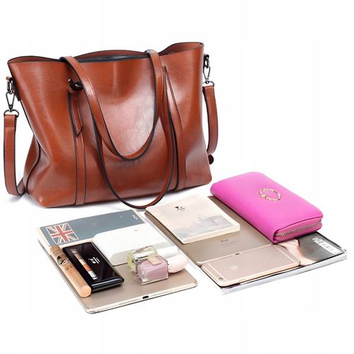 POJEMNA DAMSKA TORBA TOREBKA EKO-SKÓRZANA NA RAMIĘ BRĄZOWA POJEMNA+PASEK na Arena.pl