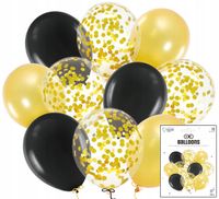 ZESTAW BALONÓW Z KONFETTI ZŁOTO - CZARNE NA URODZINY METALICZNE DEKORACJA
