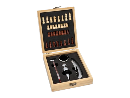 Zestaw z Kompletem Akcesoriów do Wina z Szachami w Drewnianym Pudełku na Arena.pl