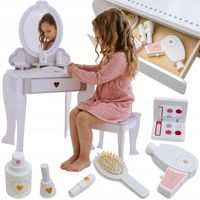 Drewniana toaletka dla dziewczynki z krzesełkiem lustro akcesoria szuflada
