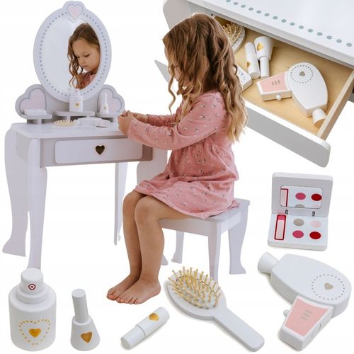 Drewniana toaletka dla dziewczynki z krzesełkiem lustro akcesoria szuflada na Arena.pl