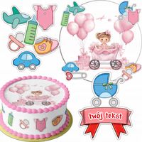 ZESTAW OPŁATEK NA TORT 20CM + 16 POSTACI - BABYSHOWER + IMIĘ 15CM 18CM