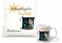 Zestaw PODUSZKA i KUBEK nadruk świąteczny PREZENT ze zdjęciem dla babci