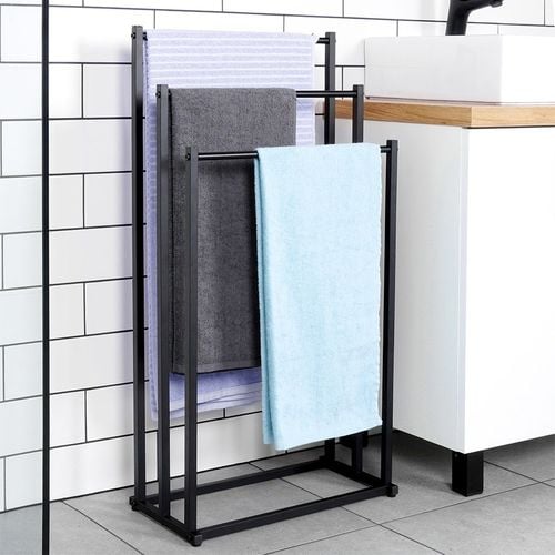 Stojak na Ręczniki Wieszak Łazienkowy Podłogowy Stojący Metalowy Czarny na Arena.pl