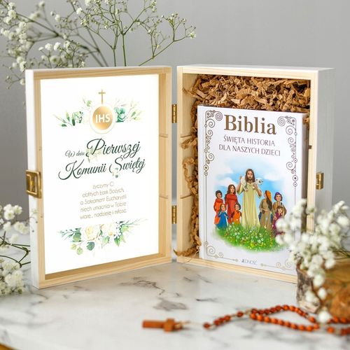 PAMIĄTKA KOMUNII ŚWIĘTEJ BIBLIA W PUDEŁKU PREZENT NA KOMUNIĘ UPOMINEK na Arena.pl