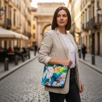 Torebka Na Ramię z Motywem Piór i Turkusową Ekoskórą – Handmade