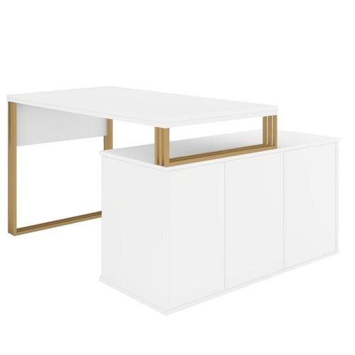 Biurko kosmetyczne narożne Klara N1 1D z szafką biały mat/złoty na Arena.pl