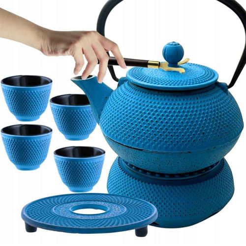 zaparzacz żeliwny dzbanek niebieski 900ml z podgrzewaczem i filiżankam na Arena.pl