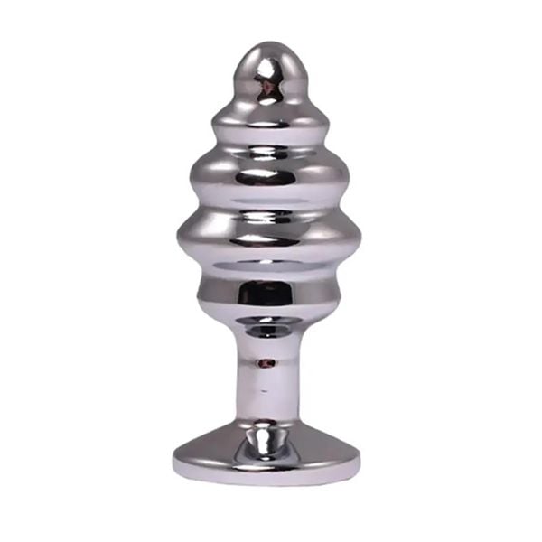 Silver Medium Ribbed Butt Plug With Red Crystal zdjęcie 2