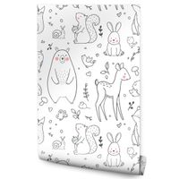 Tapeta Dla Dzieci Rysowane ZWIERZĄTKA LEŚNE Listki