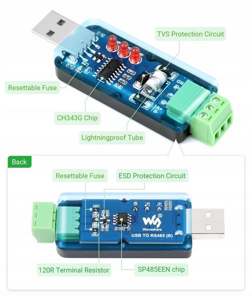 Konwerter przemysłowy USB - RS485 CH343G Waveshare 22456 zdjęcie 6