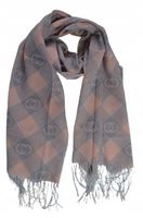 Elegancki cienki szalik kratka z dwoma kółeczkami złota nitka różowo-szary