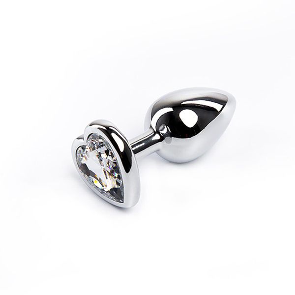 Silver Medium Heart-Shaped Butt Plug With White Crystal zdjęcie 1