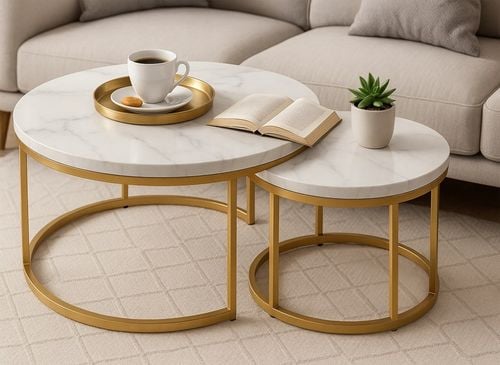 STOLIKI KAWOWE ZESTAW 2w1 ROZKŁADANE DO SALONU GLAMOUR MARMUR BIAŁY na Arena.pl