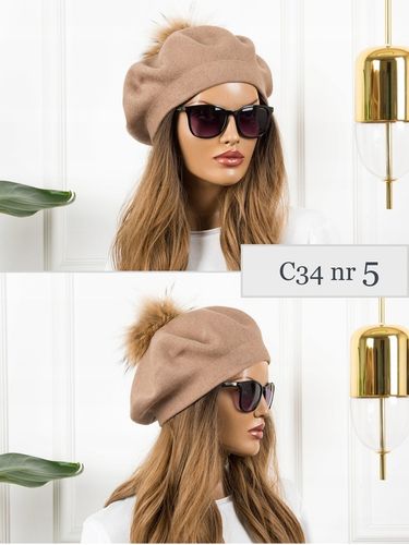 BERET Z POMPONEM CIEPŁY ZIMOWY z WEŁNĄ CZAPKA DAMSKA JAKOŚĆ PREMIUM na Arena.pl