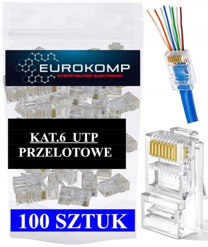 100 SZT KOŃCÓWKI WTYK WTYKI RJ45 8P8C UTP KAT 6 PRZELOTOWE EUROKOMP na Arena.pl