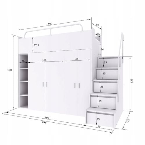 Łóżko piętrowe JSM2 90x200 + duża szafa i otwarty regał szary kolor na Arena.pl