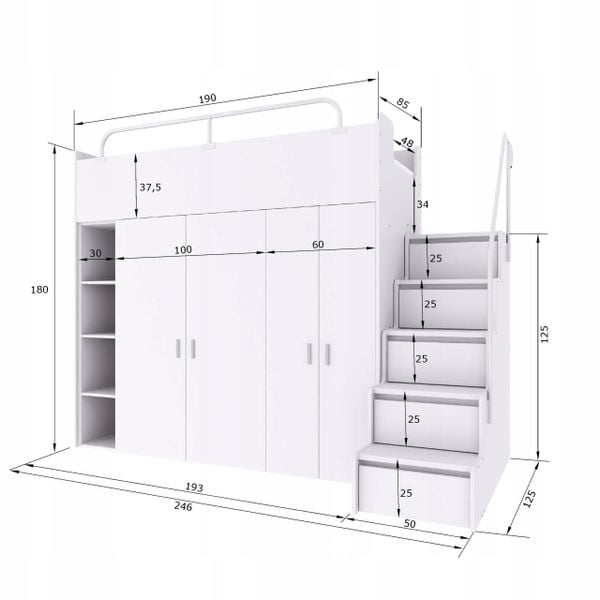 Łóżko piętrowe JSM2 90x200 + duża szafa i otwarty regał szary kolor zdjęcie 11