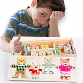 Drewniana Układanka Rodzina Misie Garderoba Emocje Montessori Pudełko 72 el